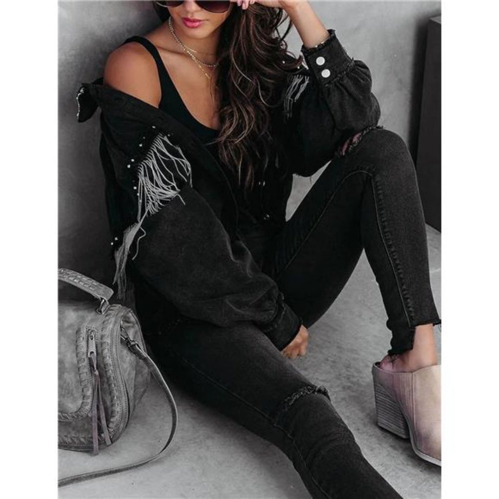Black Denim‎ Jacket Fringe Distressed Tassel Studded Jean Jacket Shacket Top - Picture 4 of 8
